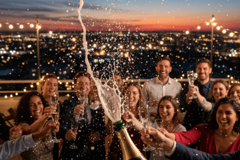Friends celebrating on rooftop as champagne cork pops and foam sprays mid-air.