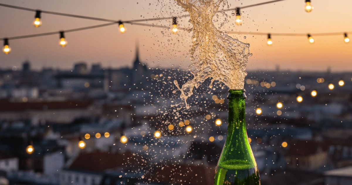 Close-up of champagne bottle spraying foam at sunset with city lights blurred behind.