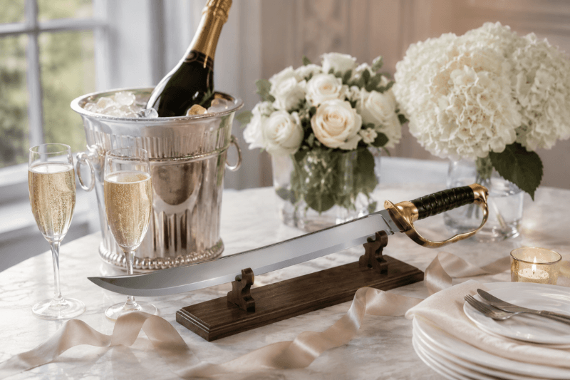 https://www.californiachampagnesabers.com/wp-content/uploads/2026/05/Champagne-saber-on-a-wooden-stand-beside-Champagne-flutes-white-flowers-and-a-chilled-bottle-in-an-ice-bucket.png